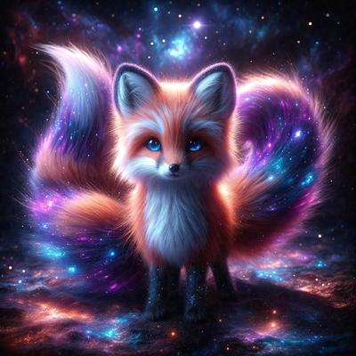 The primary subject of the image is a small, cute, and fluffy fox with a blue eye. The fox is standing in a purple and blue space, which gives the scene a whimsical and surreal atmosphere. The visual style of the image is digital art, as it appears to be a computer-generated or digitally painted illustration. The colors and mood of the image are predominantly purple and blue, creating a sense of wonder and fantasy.